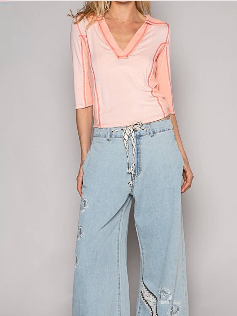 POL Peach Blush V-neck Collar Half Sleeve Overlock Stitch Solid Knit Top